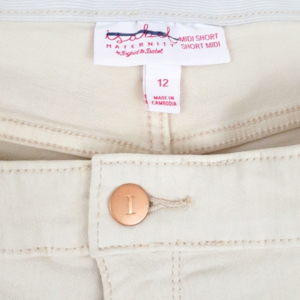 Isabel Maternity Midi Shorts With Expandable Side Panels Cream Sz 12/31 - Picture 2 of 8